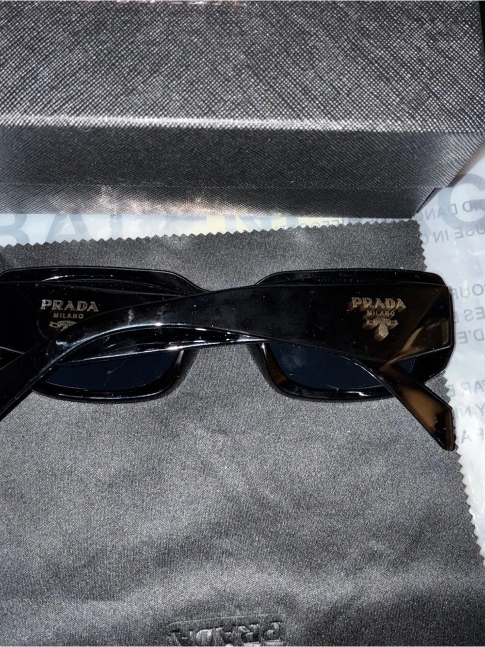 Prada Black Rectangular Sunglasses with Dark Lenses